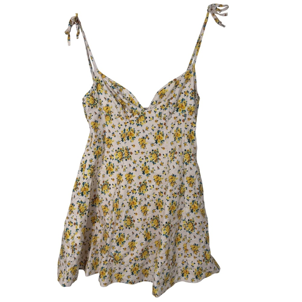 Zara Floral Mini Dress Womens Medium Yellow Blue Tie Shoulder Excellent Summer